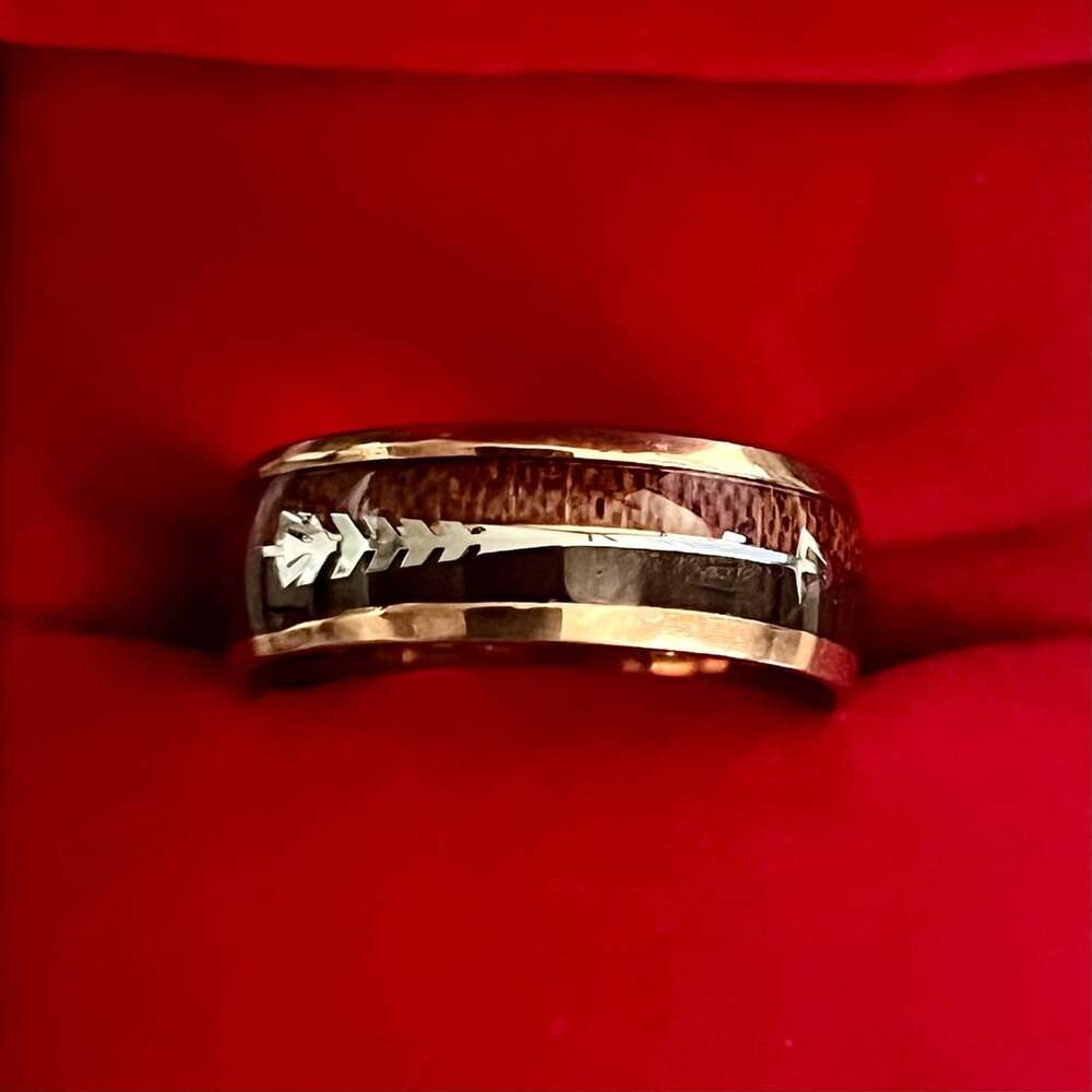 Rose Gold Wood And Arrow Inlay Titanium Steel 6mm Band Size 12